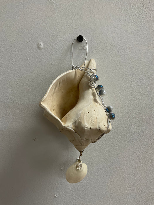 Hanging whelk shell decorated