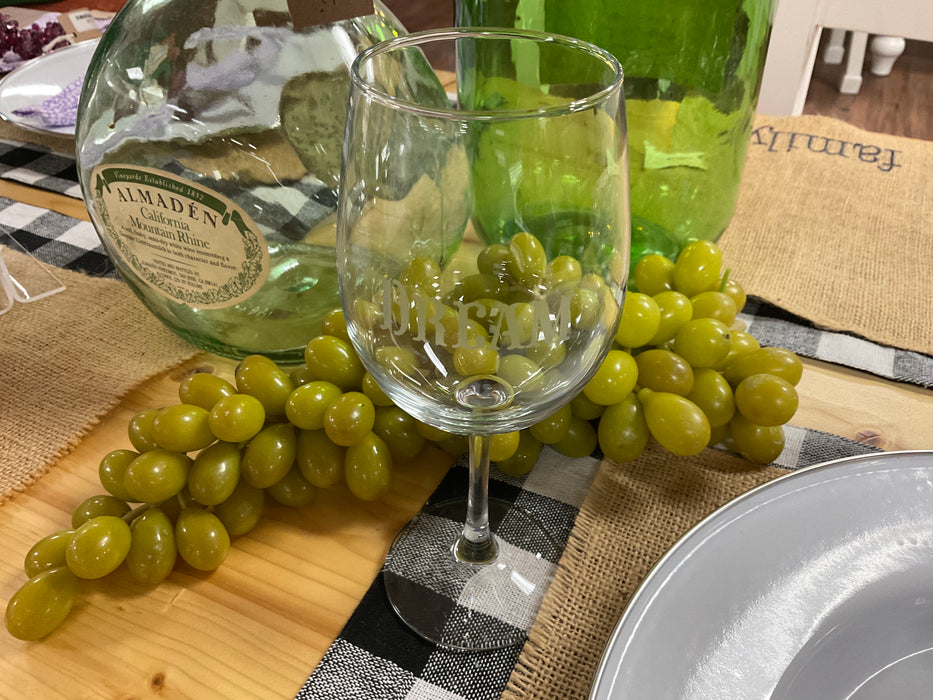 Etched “Dream “ stemmed wine glass