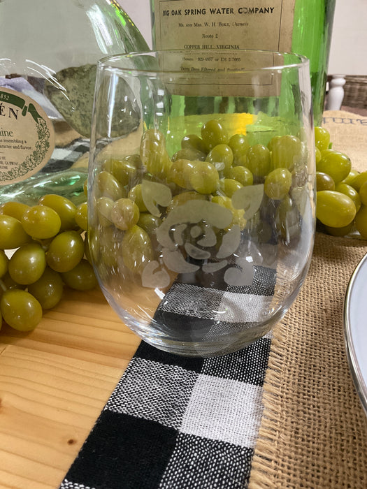 Etched rose stemless wine glass