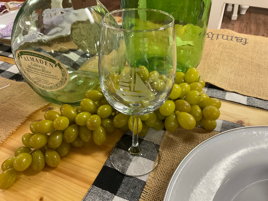 Etched sailboat stemmed wine glass