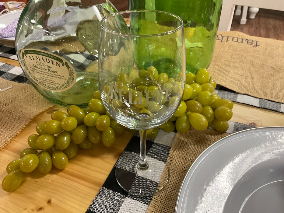 Etched “Believe” stemmed wine glass