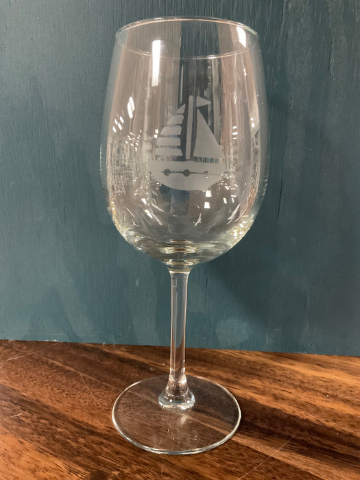 Etched sailboat stemmed wine glass
