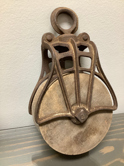Antique wood and metal pulley