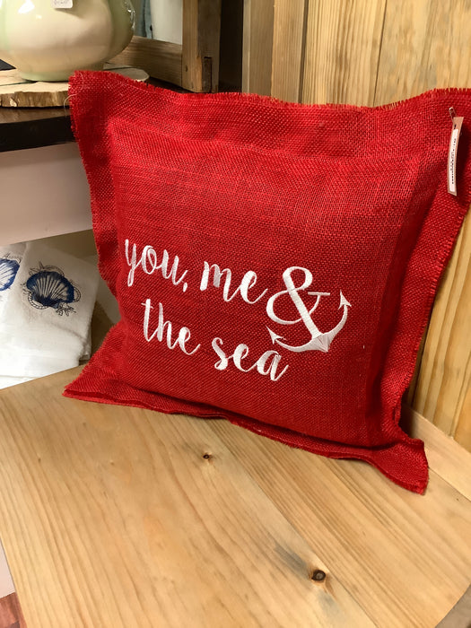 Burlap pillow - You, me, & the sea