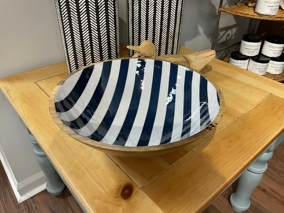 Blue and white striped wood bowl