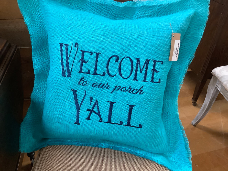 Burlap pillow - welcome to our porch