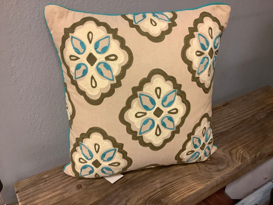 Tan teal medallion pillow