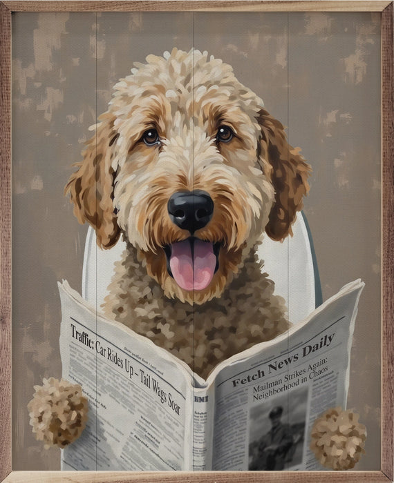 Walnut framed print - Dog Reading Paper