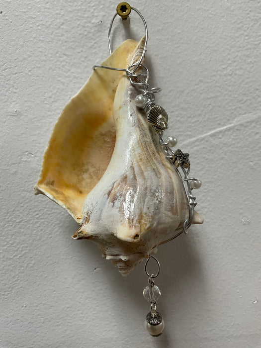 Hanging whelk shell decorated