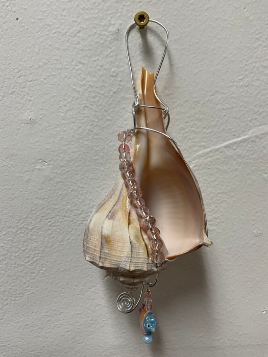 Hanging whelk shell decorated