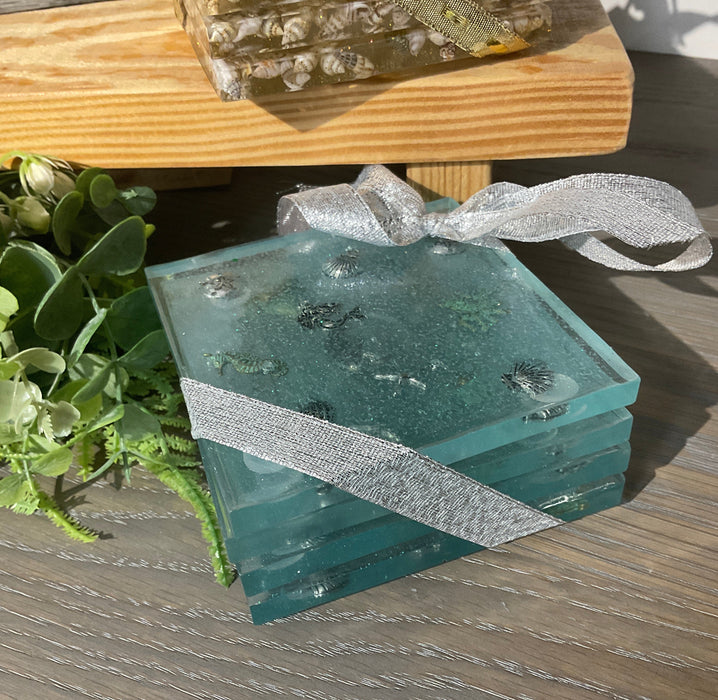 Square resin coaster set - beach