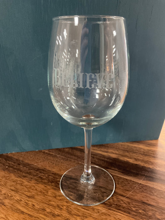 Etched “Believe” stemmed wine glass