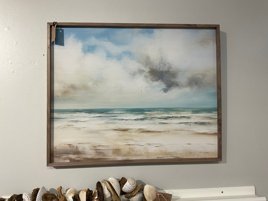Walnut framed print - Cloudy beach
