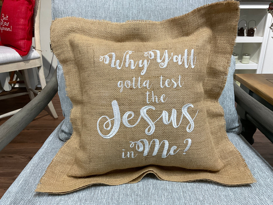 Burlap pillow - test Jesus