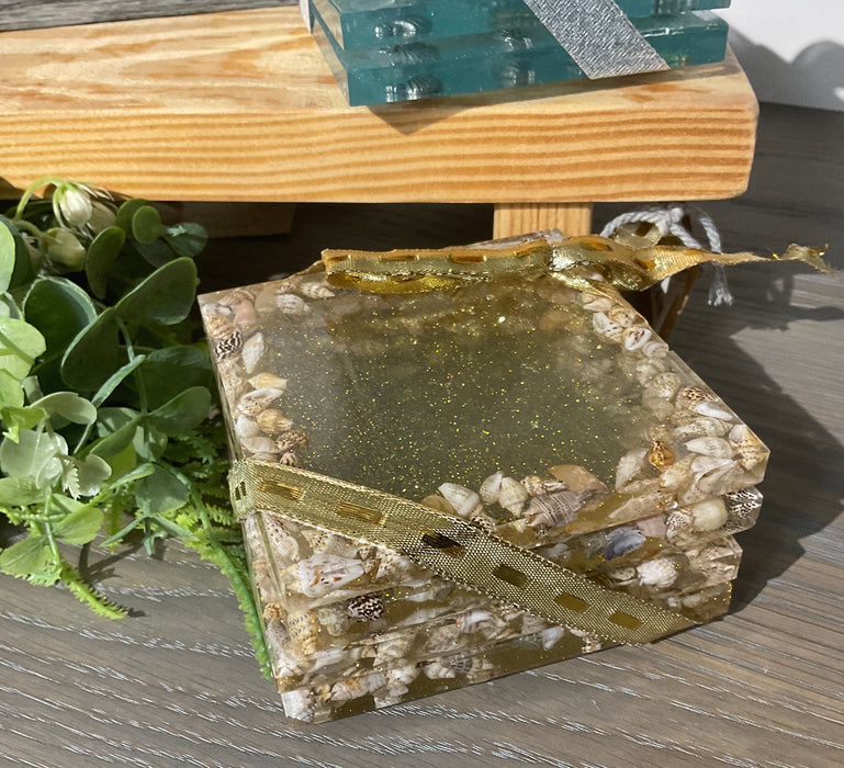 Square resin coaster set - beach