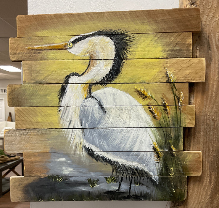 Heron on pallet Wood