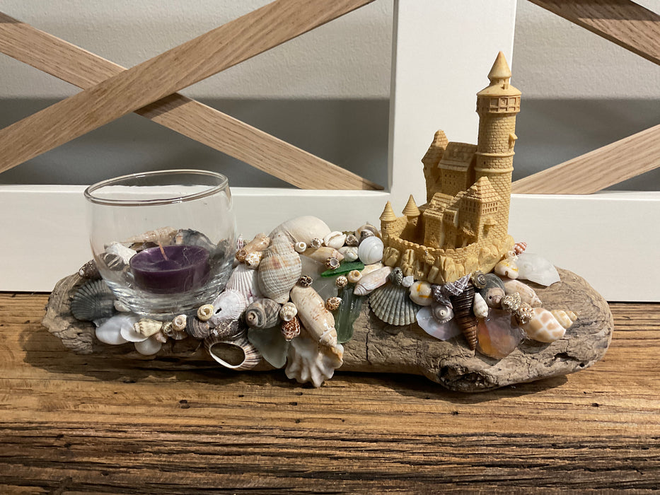 Driftwood and shell candle holder