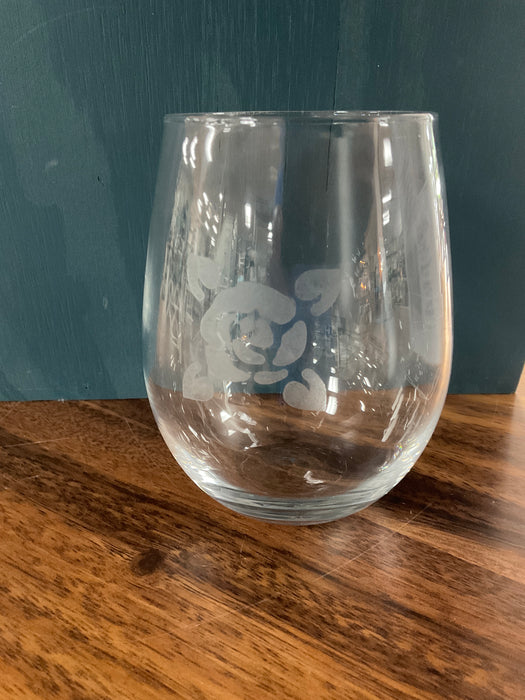 Etched rose stemless wine glass