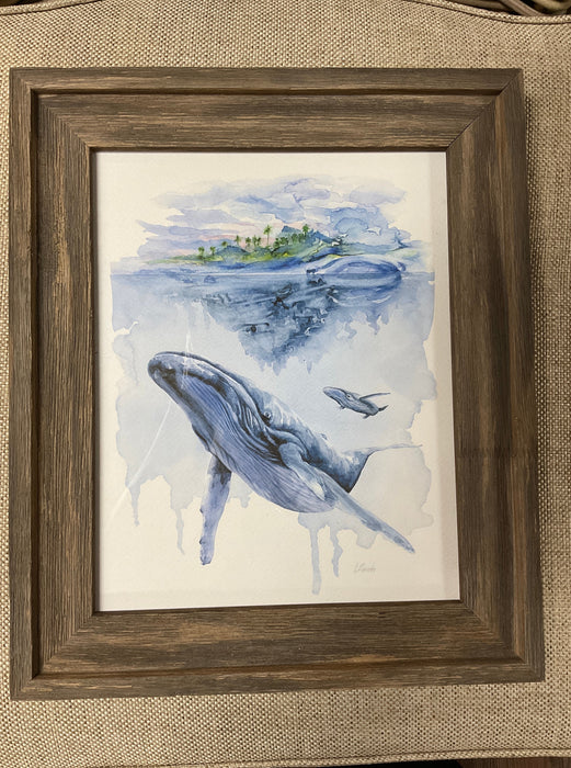 Blue Whales Island framed watercolor