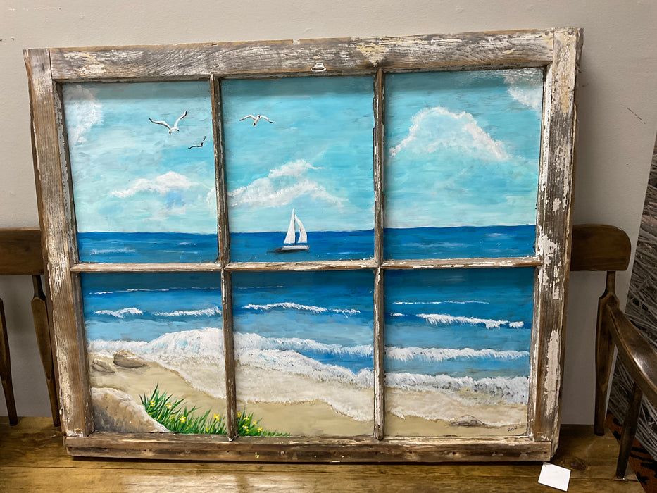 Sail boat beach window scene
