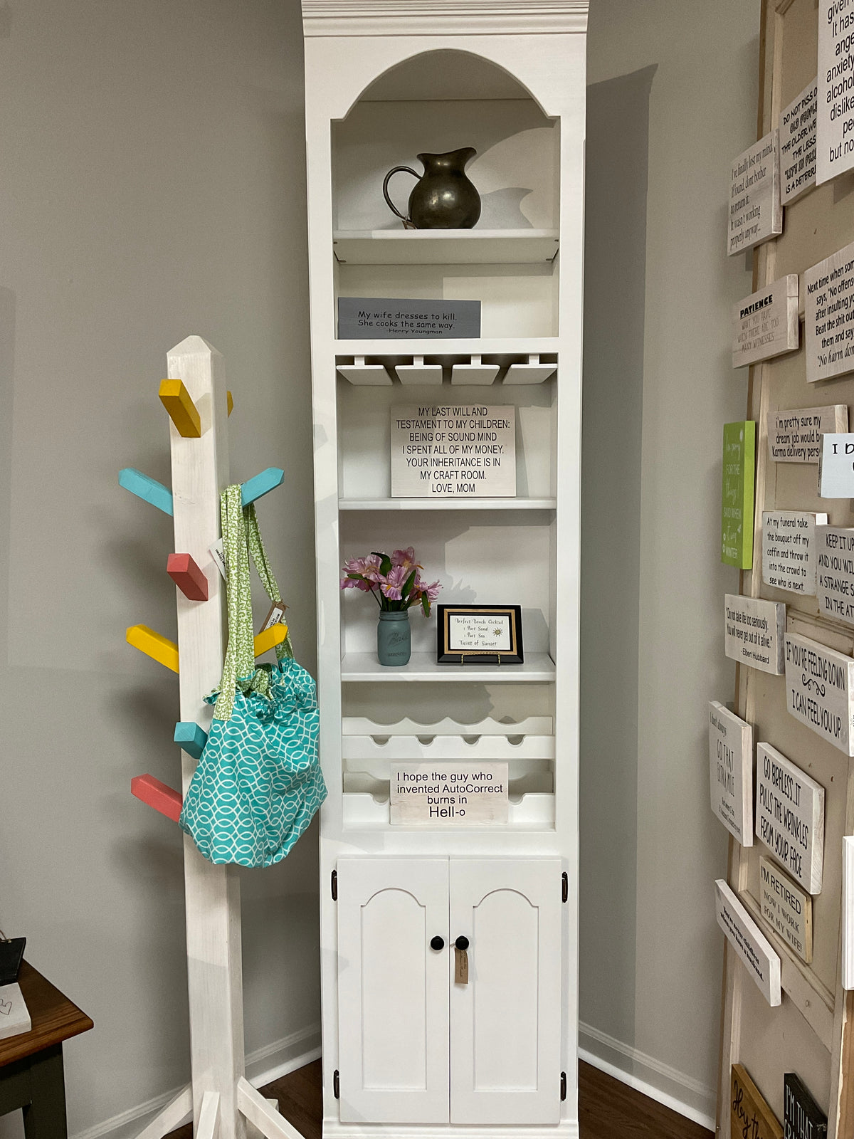 Tall white open shelf wine — White Pine Artisan Market