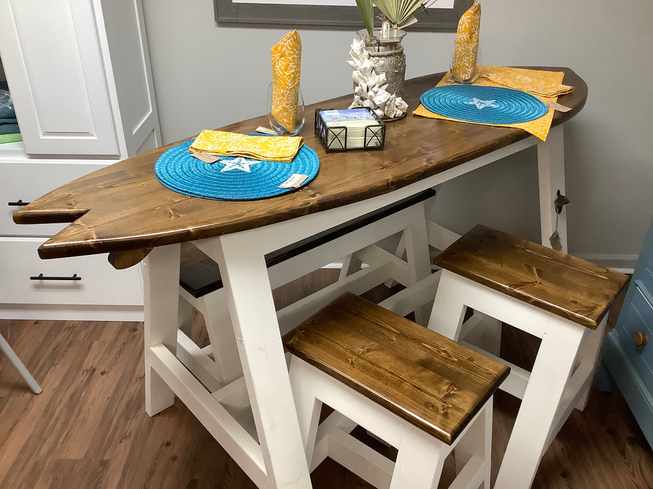 Surfboard table with bar stools