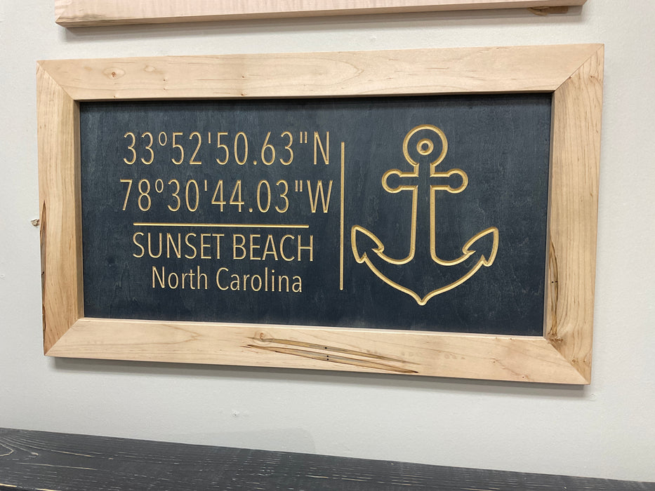 Wood coordinate sign - Sunset Beach