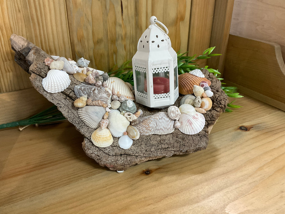 Driftwood and shell candle holder