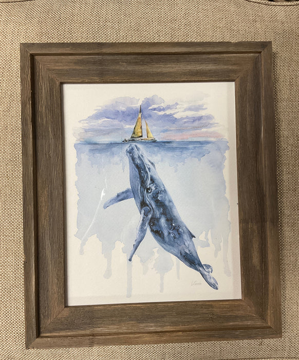 Blue Whale sailboat framed watercolor