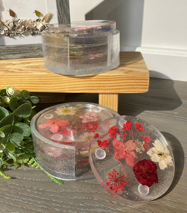 Round resin coaster set - flowers