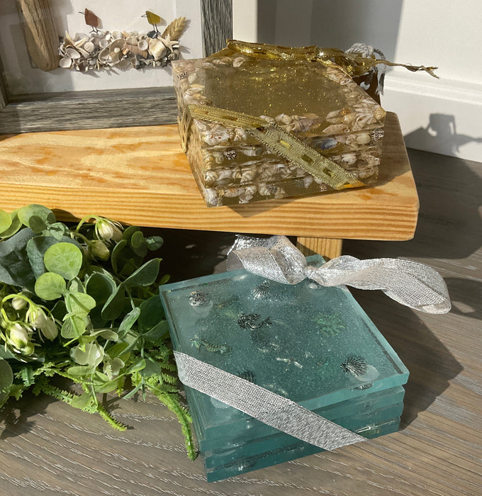 Square resin coaster set - beach