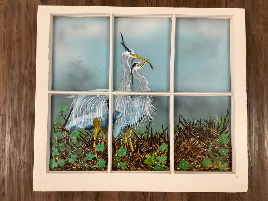 Vintage window heron painting