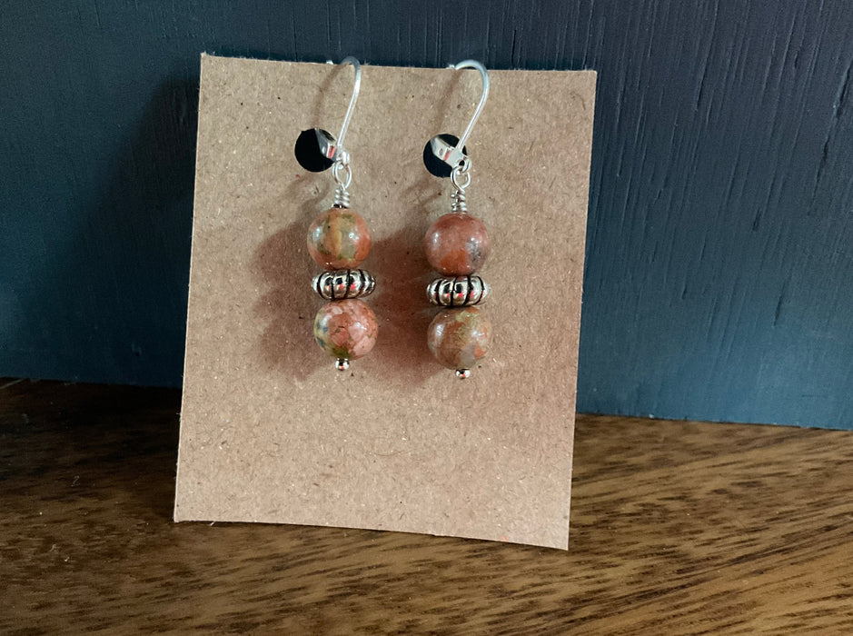 Brown stone and silver bead earrings