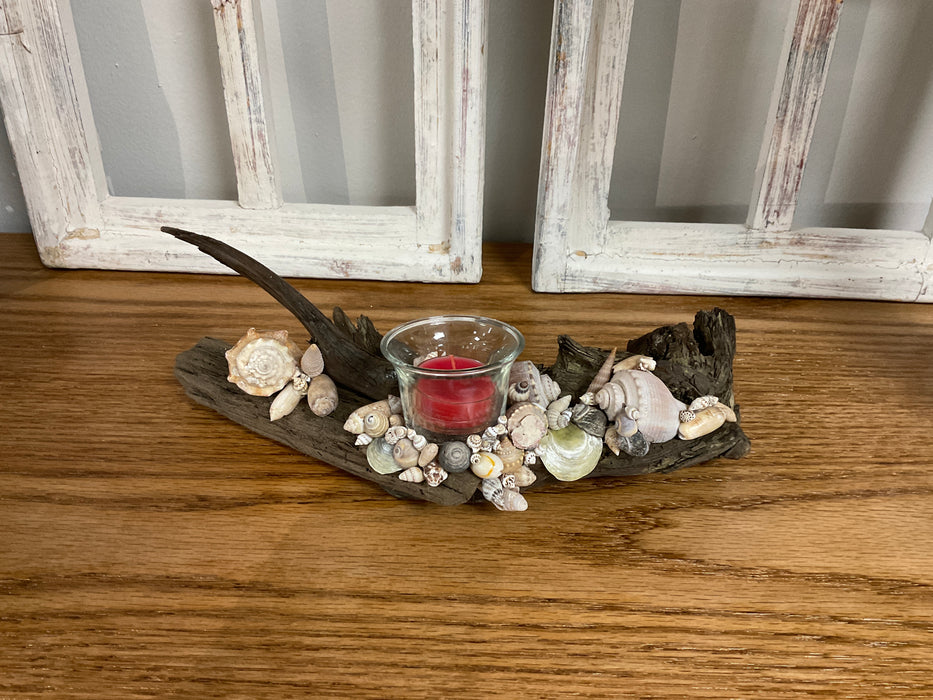 Driftwood and shell candle holder