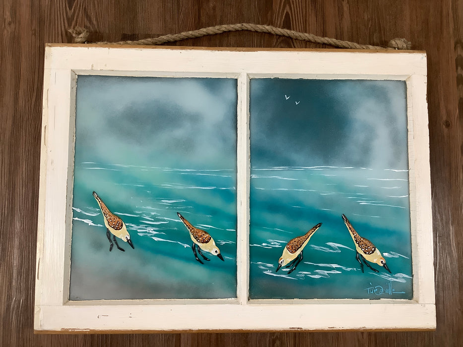 Vintage window sand piper painting