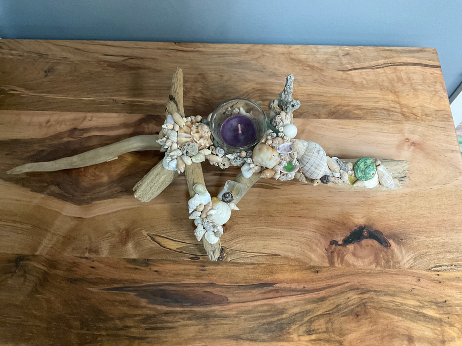 Driftwood and shell candle holder