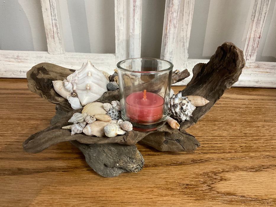 Driftwood and shell candle holder