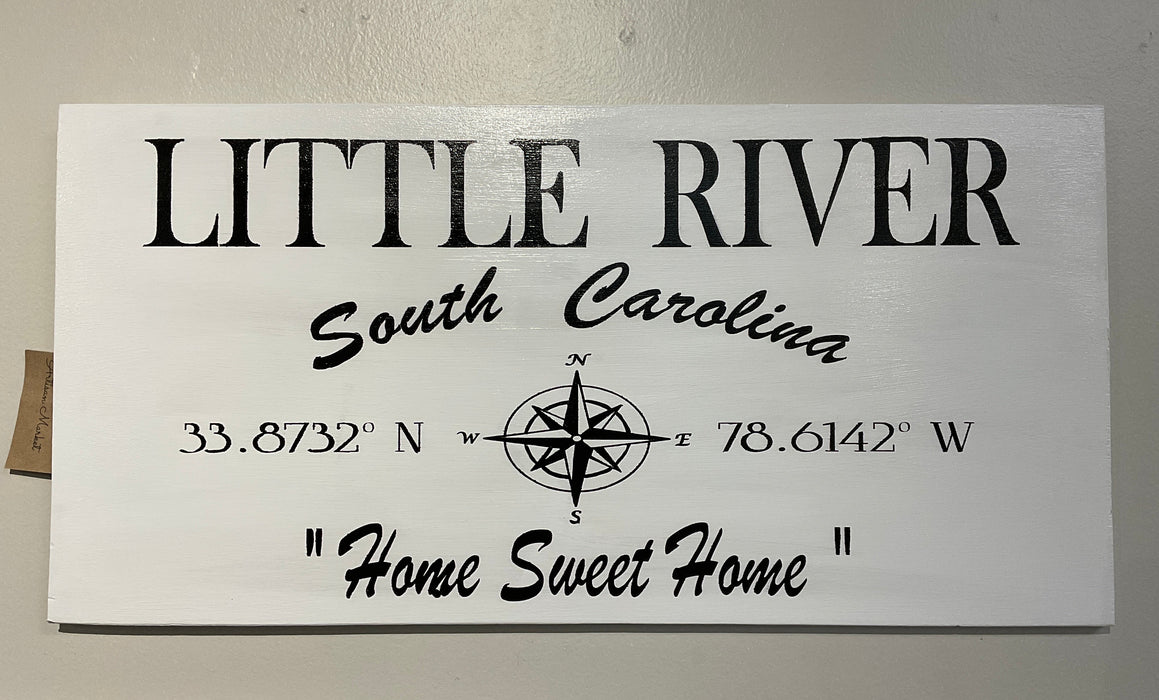 Little River coordinate wood sign