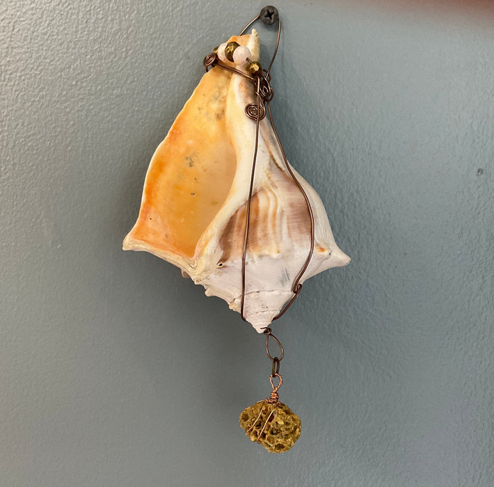 Hanging whelk shell decorated