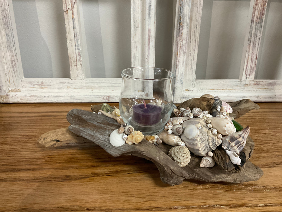 Driftwood and shell candle holder