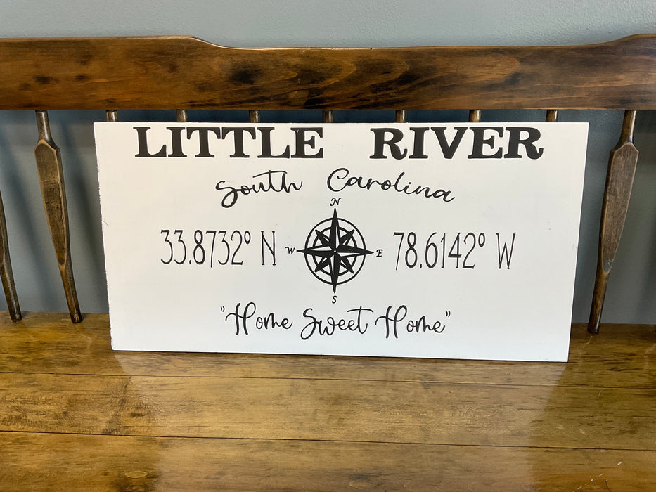 Little River coordinate wood sign
