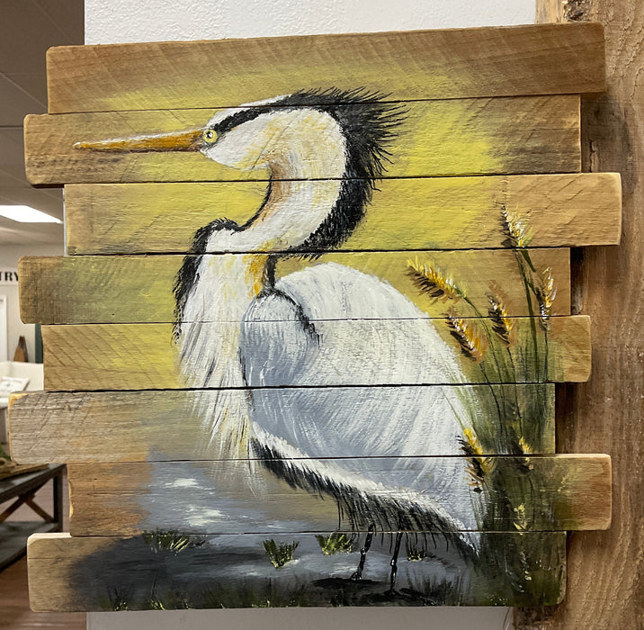 Heron on pallet Wood