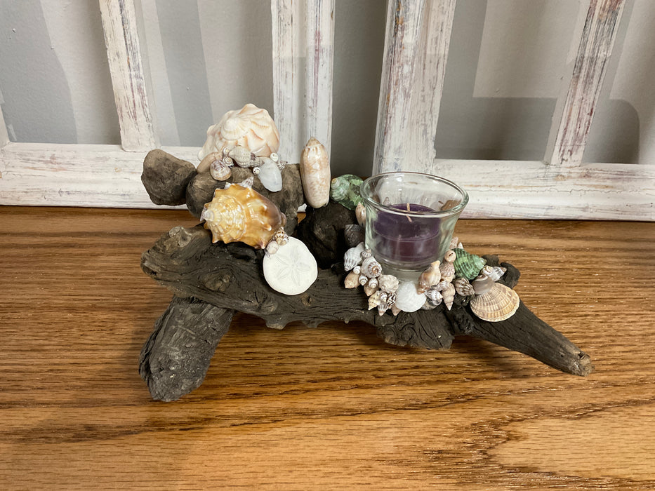 Driftwood and shell candle holder