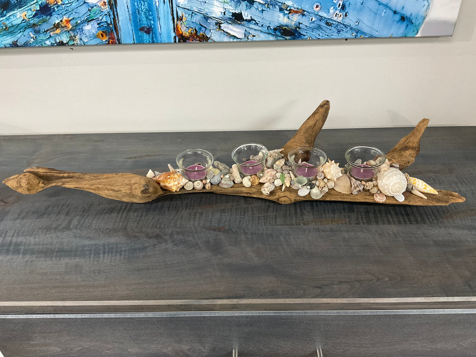 Driftwood and shell candle holder