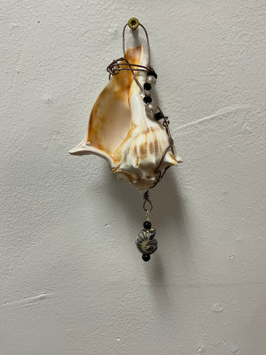 Hanging whelk shell decorated