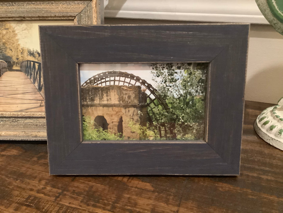 Framed wood water wheel picture