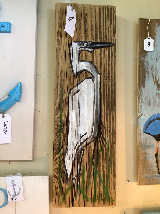 Egret painting on natural wood