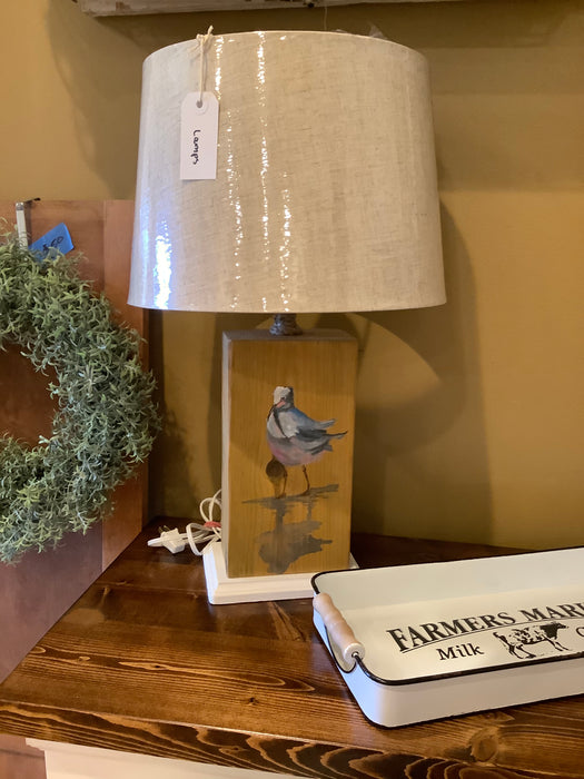 Blue bird on brown block lamp with shade