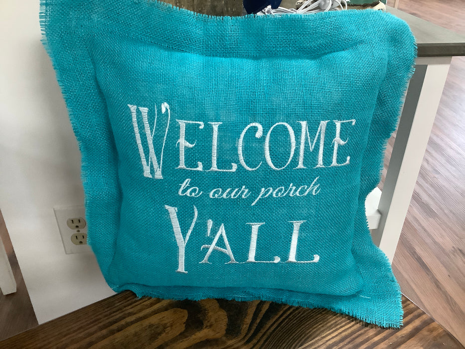 Burlap pillow - welcome to our porch