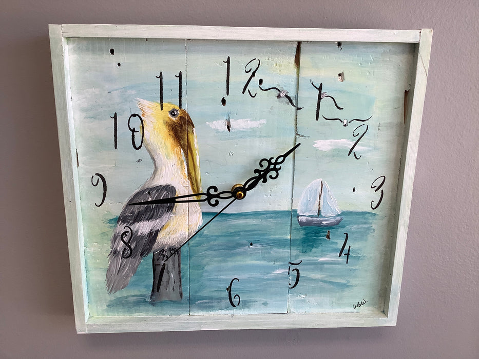 Hand painted wood clock - pelican
